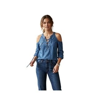 Papaya Womens Blue Chambray Cold Shoulder Lace Up Top Long Sleeve Size S